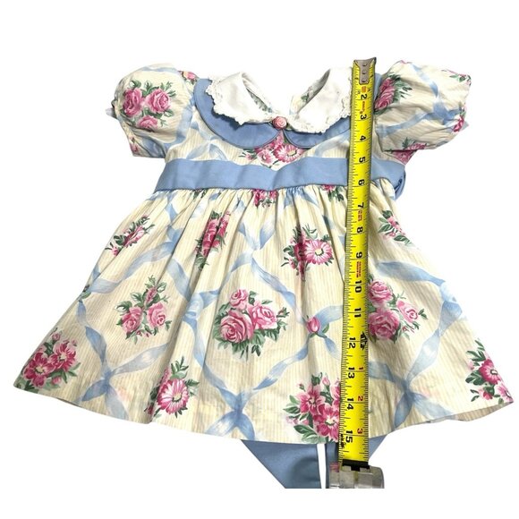 Vtg Cottage core Baby Prairie Twirl Dress Bow Collar Girl Cabbage Rose Lace Trim - Picture 7 of 11
